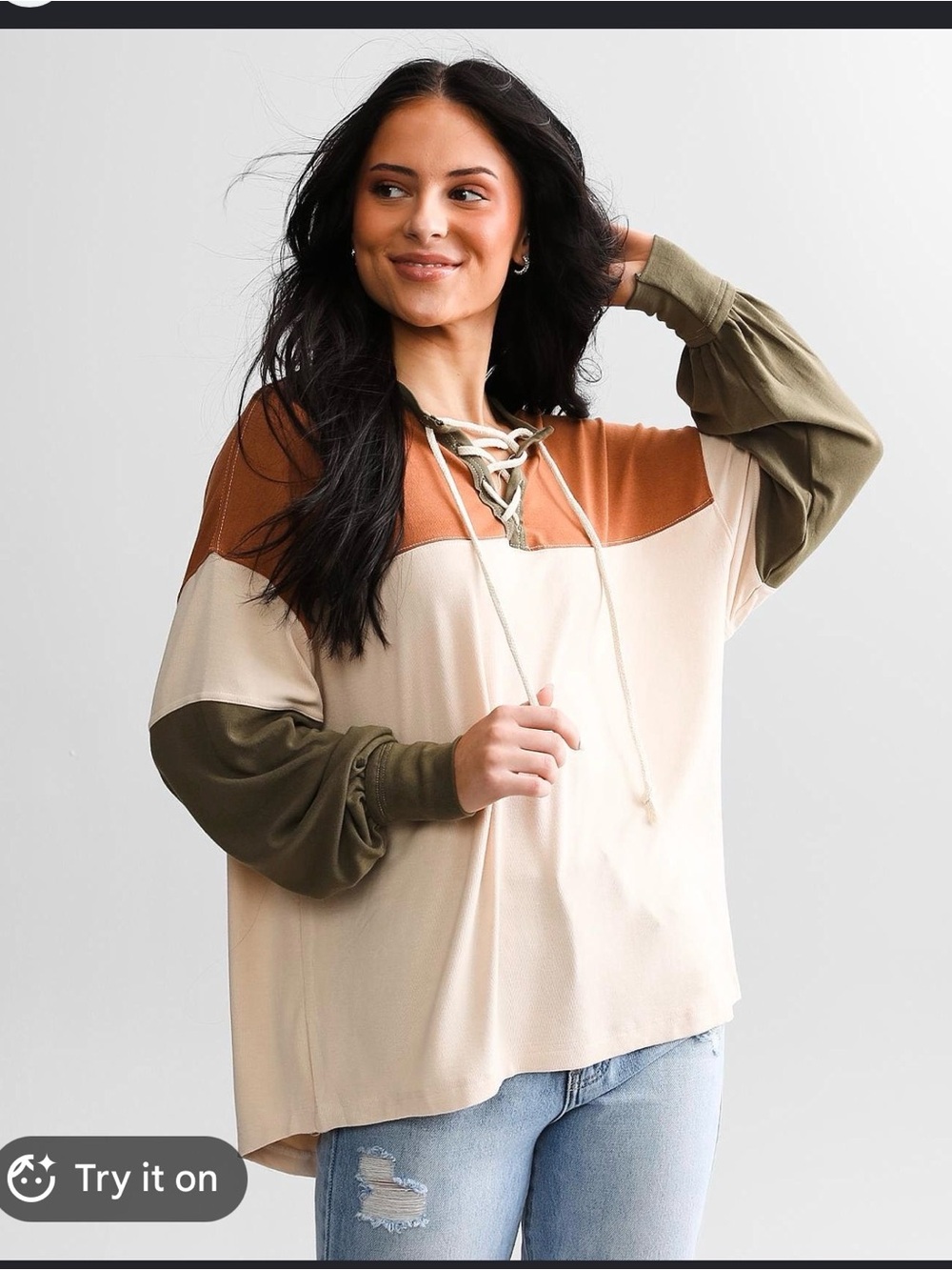 BKE Colorblock Lace-Up Top in Cream, Olive & Brown
